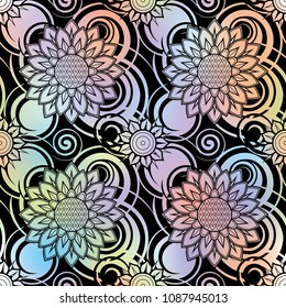 An abstract vector hand drawn holographic floral seamless pattern