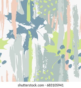 Abstract vector hand drawn illustration with falling leaves, splash, grunge textures, rough brush strokes, doodles. Creative seamless pattern in light pastel colors