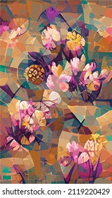 abstract vector hand drawn pattern with spring flowers. Motley multi-colored bright background for a poster, postcard, website or booklet.
