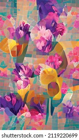 abstract vector hand drawn pattern with spring flowers. Motley multi-colored bright background for a poster, postcard, website or booklet.