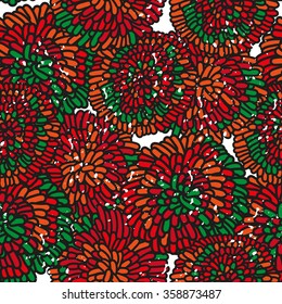 abstract vector hand drawn seamless pattern of round pompons of red-orange-green color on a white background