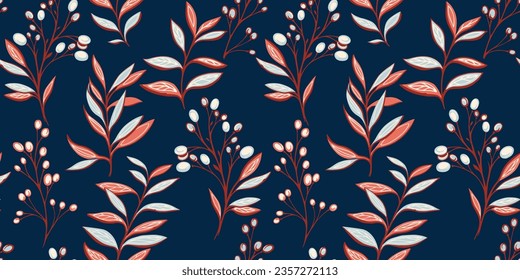 Abstract vector hand drawn sketch silhouettes branches pattern. Artistic seamless background with  modern, colorful leaves  branches. 