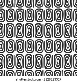 Abstract vector hand drawn spirals vector seamless pattern. Repeating spirals, curls ornament. Black and white vector background. For wrapping, paper cover, textile, fabric, cloth.