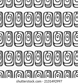 Abstract vector hand drawn tiles seamless pattern. Tiles with spiral curls. Repeating ornament. Black and white background.  For wrapping, paper cover, textile, fabric, cloth.