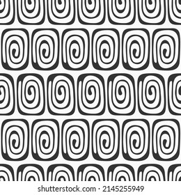 Abstract vector hand drawn tiles seamless pattern. Tiles with spiral curls. Repeating ornament. Black and white background.  For wrapping, paper cover, textile, fabric, cloth.