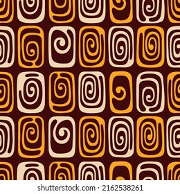Abstract vector hand drawn tiles seamless pattern. Tiles with spiral curls. Repeating ornament. Brown, beige, yellow colors background. For wrapping, paper cover, textile, fabric, cloth.