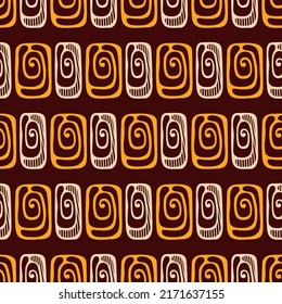Resumen de mosaicos dibujados a mano vectoriales sin inconvenientes. Baldosas con rizos de espiral. Ornamento repetitivo. Fondo de color marrón, beige y amarillo. Para envoltura, cubierta de papel, textil, tela, tela.