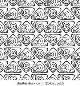 Abstract vector hand drawn triangles seamless pattern. Triangles with spiral curls, stripes. Repeating doodle ornament. Black and white background.  For wrapping, paper cover, textile, fabric, cloth.