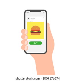 Abstract vector hand holding smartphone with fast food burger flat design icon, vector simple isolated emoji style color illustration on the screen.