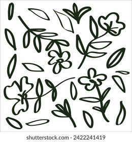  Abstract Vector hand-drawn flowers and leaves pattern. ink brush texture.