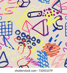 Abstract vector hand-drawn pattern in memphis style. Trendy modern design for banners, flyers, covers, presentations, brochure, poster, party, textile,card, print, wear. Colorful geometric background.