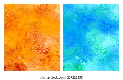 Abstract vector hand-drawn watercolor background. Set - orange and blue.