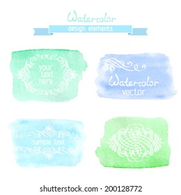 Abstract vector hand-drawn watercolor backgrounds. Various watercolour brush strokes with calligraphic decorations isolated on white background. There are places for your text.