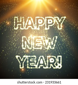 Abstract vector Happy New Year background. Explosion of glowing particles and light rays. Futuristic technology style. Elegant background for business presentations or gift cards.EPS10