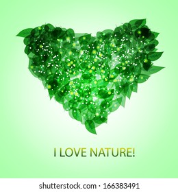 abstract vector heart by leaves . Emblem for ecology design