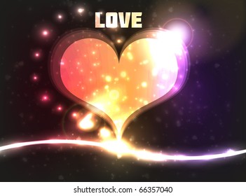 Abstraktes Vektordesign. Enthält sehr helle Lichter, unscharfe Kreise und Linie unten. Der Hintergrund ist dunkel, violett und orange gefärbt.