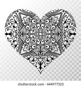 Abstract vector heart on a transparent background. Ornamental cute heart isolated. Design element.
