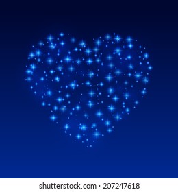 Abstract vector heart shape with shining stars on night sky background 
