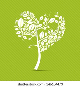 Abstract vector heart shaped white tree on green background