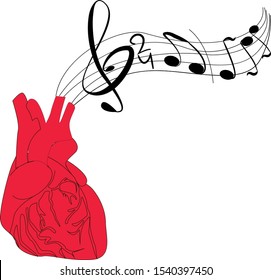 Abstract vector heart that above continues into musical lines and notes. It can be used in concept of music therapy and creativity in psychology, cardiology, neurology and medicine. Lines and color.