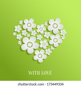 Abstract vector heart of white flowers on green background. Valentine's day card