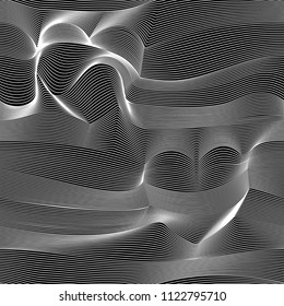 Abstract vector hearts seamless moire pattern with lines. Monochrome graphic black and white ornament