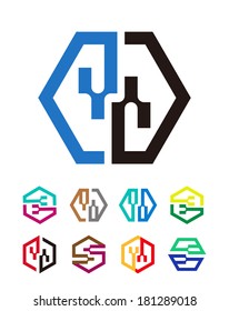 Abstract vector hexagon logo template. Colorful design icon set.  "g", "b", "d", "p", "s", "y" letters icon set. You can use in the financial, chips, electronics and communication concept of pattern. 