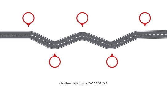Abstract vector highway road illustration of winding curve asphalt road infographic. direction, Way location, highway, pinpointer, timeline milestone, marketing data presentation concept template