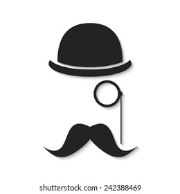 Abstract Vector Hipster Silhouette With Bowler Hat, Monocle, Mustache. Icon With Shadow.