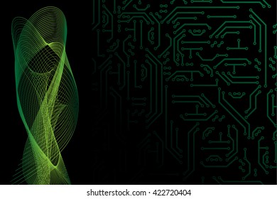 Abstract vector hi-tech background, web-site header or banner with circuit pattern in green and black colors for your design. Communication and futuristic technology backdrop concept. 