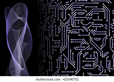 Abstract vector hi-tech background, web-site header or banner with circuit pattern in violet, blue and black colors for your design. Communication and futuristic technology backdrop concept.