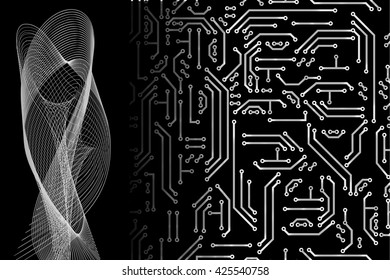 Abstract vector hi-tech background, web-site header or banner with circuit pattern in gray, white and black colors for your design. Communication and futuristic technology backdrop concept.