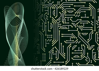 Abstract vector hi-tech background, web-site header or banner with circuit pattern in yellow and green colors for your design. Communication and futuristic technology backdrop concept.
