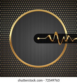 Abstract vector hi-tech illustration with golden round frame, equalizer waves & dotted pattern on a metal texture background