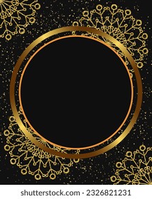 Abstract vector holiday background with dark frame and golden snowflakes for Christmas design concept