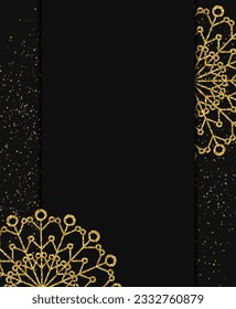 Abstract vector holiday background with dark frame and golden snowflakes for Christmas design concept