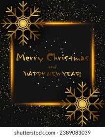 Abstract vector holiday background with dark frame and golden snowflakes for Christmas design concept