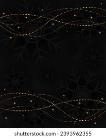 Abstract vector holiday background with dark snowflakes, stars and glittering golden garland