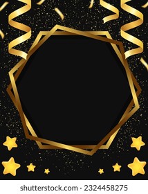 Abstract vector holiday background with golden frame, stars and ribbons