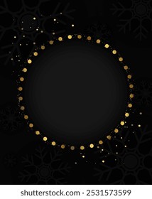 Abstract vector holiday background with round banner frame, dust and golden snowflakes