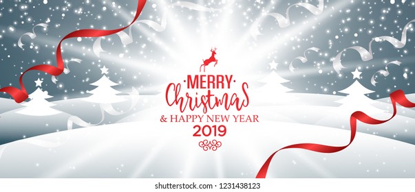 Abstract vector holiday Christmas greeting card with  fir tries, winter evening landscape, ribbon, bright star, wishes and deer