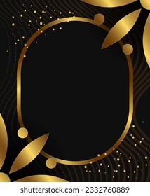 Abstract vector holiday dark background with shining round frame, dust and golden flowers