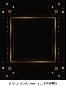 Abstract vector holiday dark background with shining square frame, shining lines and golden dust