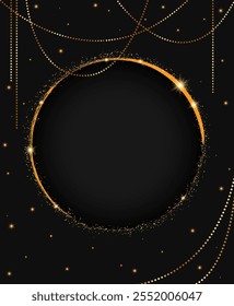 Abstract vector holiday dark background with shining round frame, shining beads garland and golden stars