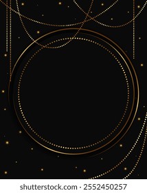 Abstract vector holiday dark background with shining round frame, shining beads garland and golden stars