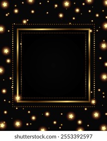 Abstract vector holiday dark background with shining square frame, shining lines and golden stars