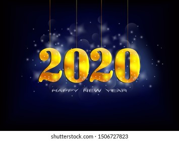 Abstract vector holiday illustration of golden 2020 sign. Happy New 2020 Year.  Christmas greeting card. Happy New Year! Sign 2020 is hanging on gold threads.