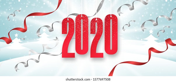 Abstract vector holiday New Year 2020 greeting card with  feer tries, winter evening landscape, ribbons, bright star, numbers year