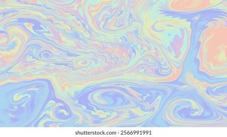 Abstract vector holographic background with swirls. Liquid dynamic multicolor illustration. Pastel colors