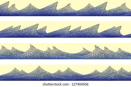 Abstract vector horizontal banner: blue wave with foam on yellow ( as handmade stained glass window).